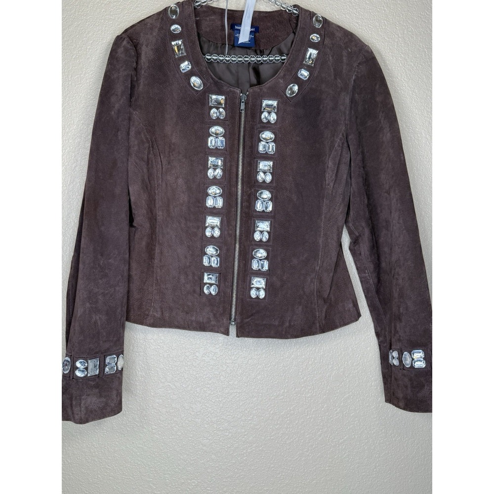 Boston Proper Womens Embellished  Suede Jacket Sz 14 Crystal‎ Bling Brown